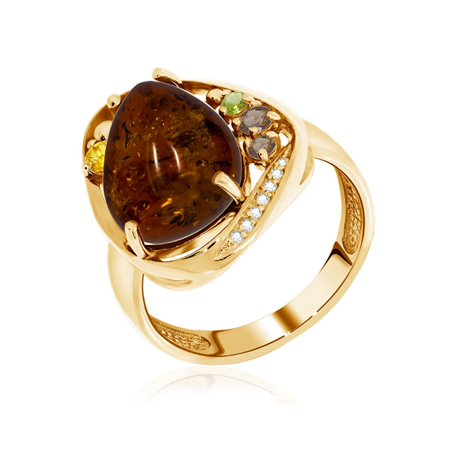 Кольцо из серебра с ситаллом, янтарем и фианитами из коллекции Сладкая история