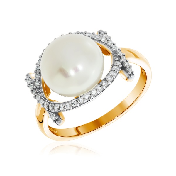 Кольцо из серебра с жемчугом и фианитами со скидкой