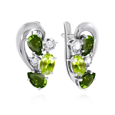 Серьги из серебра с фианитами и хризолитами 2340810883 от KRASNOE, металл Серебро, вставка Фианит