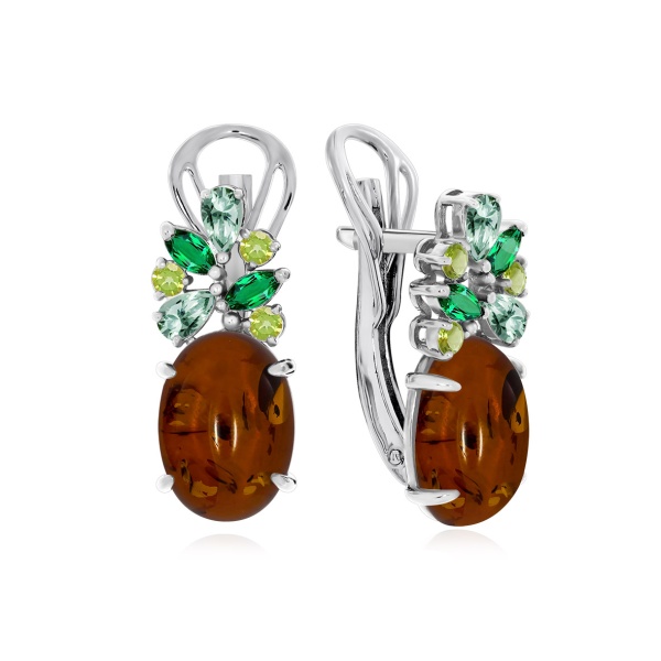 Серьги из серебра с янтарём и фианитами