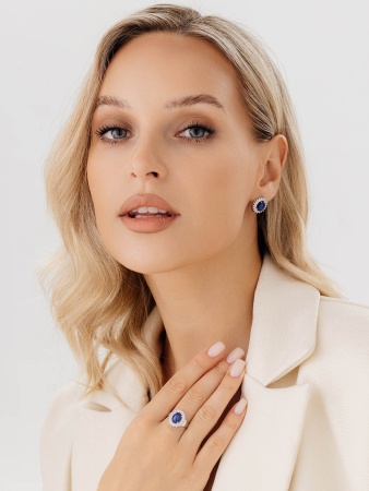 Серьги из серебра с сапфир звездчатыйами и фианитами 2340940145л-8 от KRASNOE, металл Серебро, вставка Сапфир Звездчатый