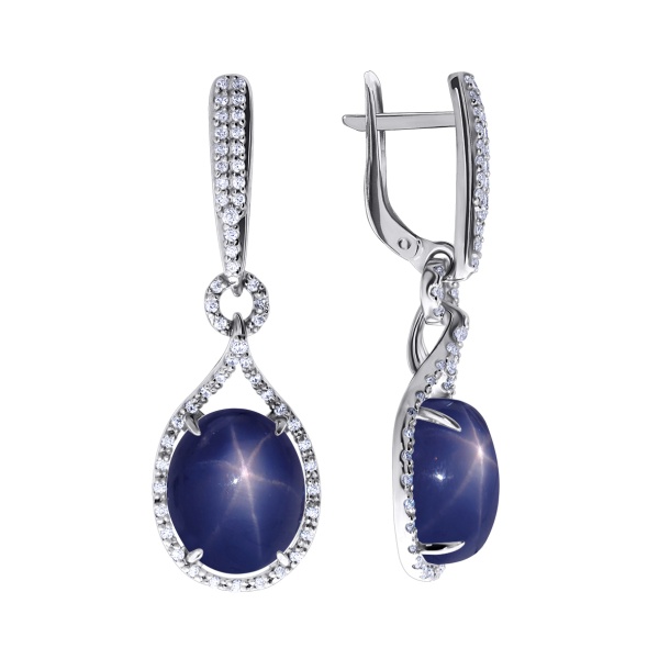 Серьги из серебра с сапфир звездчатыйами и фианитами 2340940194-8 от KRASNOE, металл Серебро, вставка Сапфир Звездчатый
