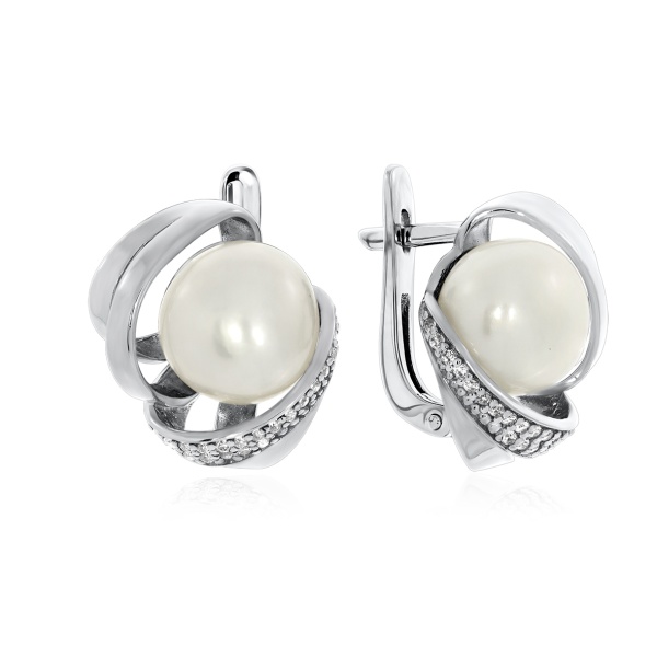 Серьги из серебра с жемчугами, жемчугами и фианитами