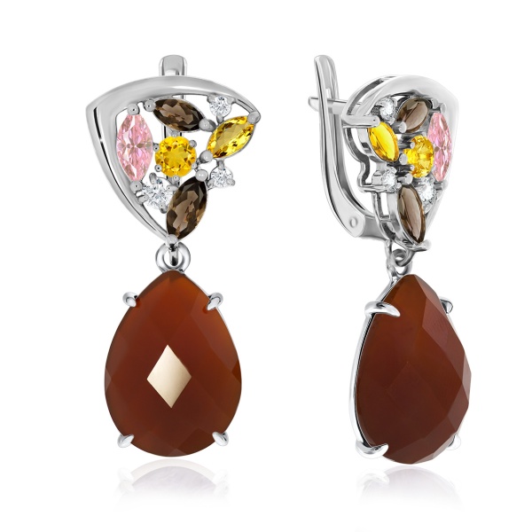 Серьги из серебра с агатами, ситаллами и фианитами