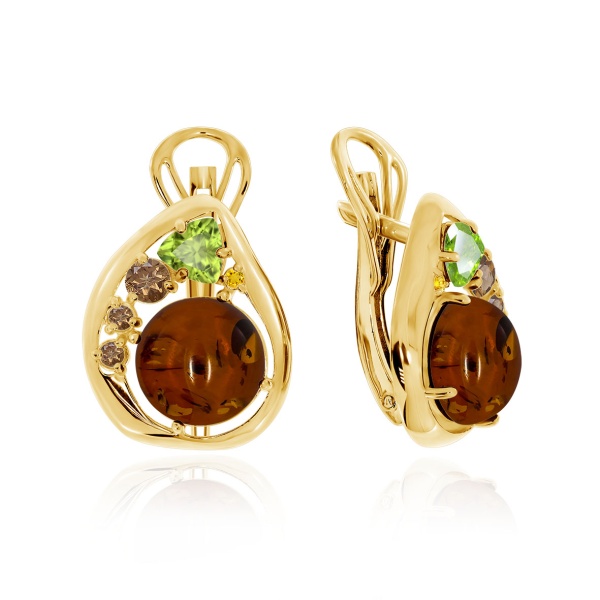 Серьги из серебра с нанохризолитами, янтарём и фианитами