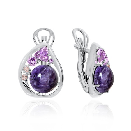 Серьги из серебра с чароитами, ситаллами и фианитами