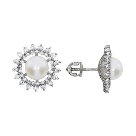 Пусеты из серебра с жемчугами и фианитами 2340053517 от KRASNOE, металл Серебро, вставка Жемчуг