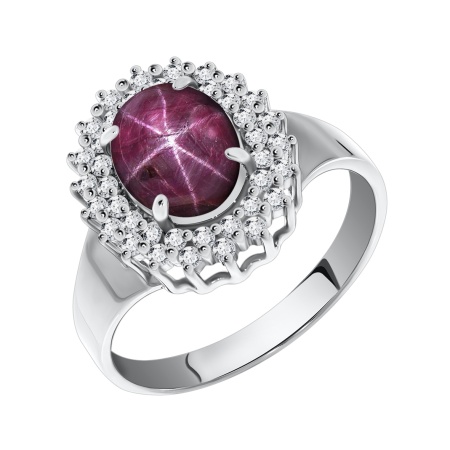 Купить кольцо из серебра с рубином звездчатым и фианитами в интернет-магазине KRASNOE
