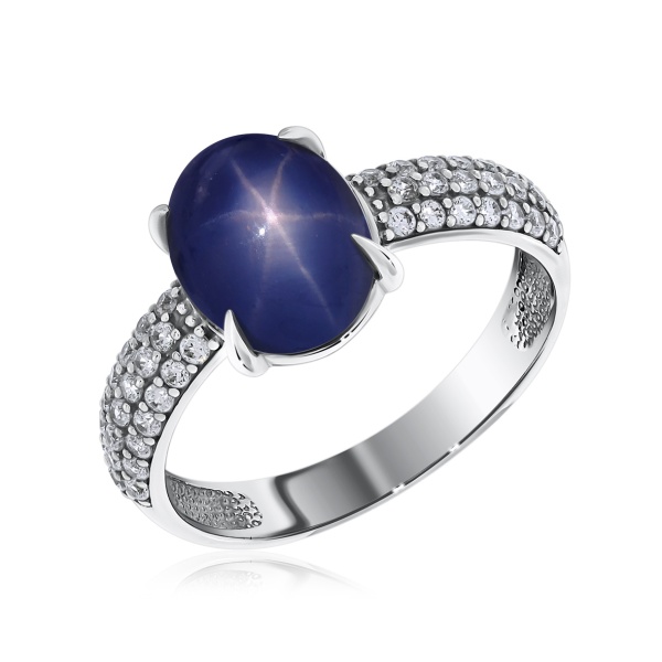 Купить кольцо из серебра с сапфир звездчатыйом и фианитами в интернет-магазине KRASNOE