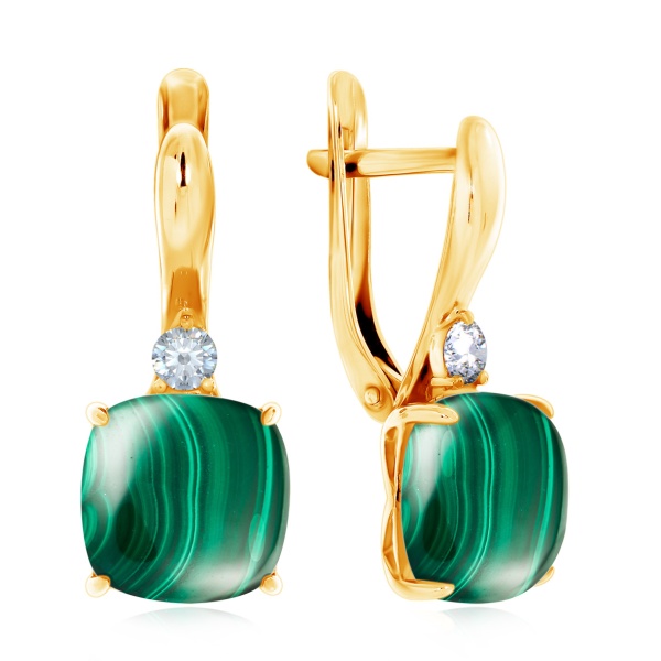 Серьги из серебра с фианитами и малахитами 2320380380 от KRASNOE, металл Серебро, вставка Малахит