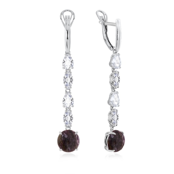 Серьги из серебра с чароитами и фианитами со скидкой