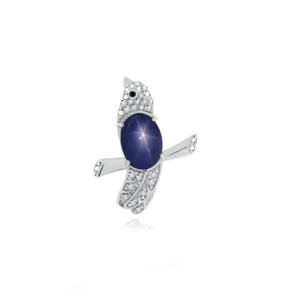 Брошь из серебра с ситаллом, сапфир звездчатыйом и фианитами в ювелирном интернет-магазине