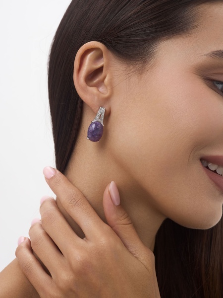 Серьги из серебра с чароитами и фианитами 2340463537л от KRASNOE, металл Серебро, вставка Чароит