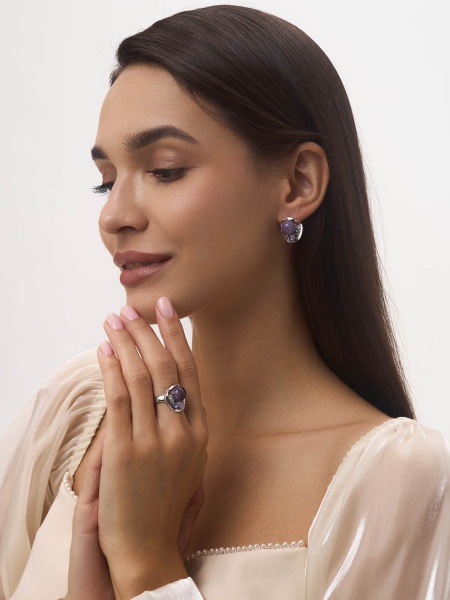 Серьги из серебра с ситаллами, чароитами и фианитами