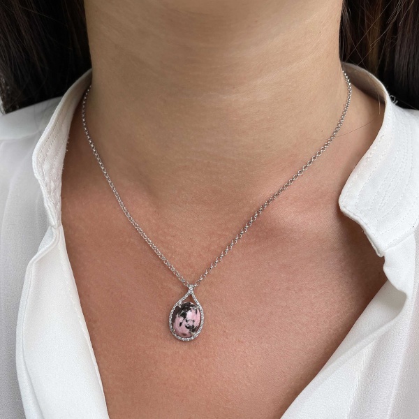 Колье из серебра с родонитом и фианитами