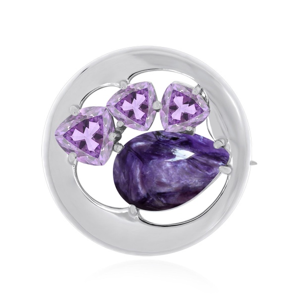 Брошь из серебра с чароитом и фианитами в ювелирном интернет-магазине