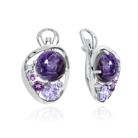 Серьги из серебра с чароитами и фианитами