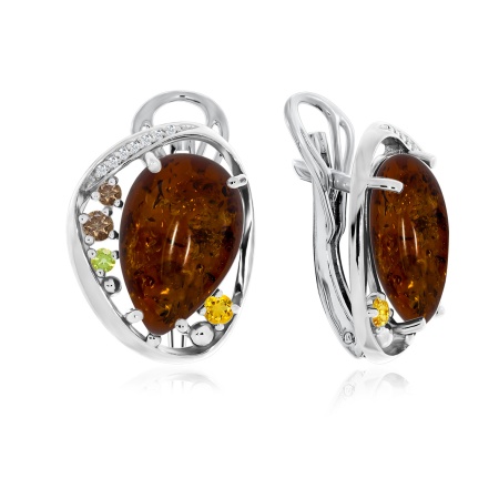 Серьги из серебра с ситаллами, янтарём и фианитами 2340861171-42 от KRASNOE, металл Серебро, вставка Янтарь