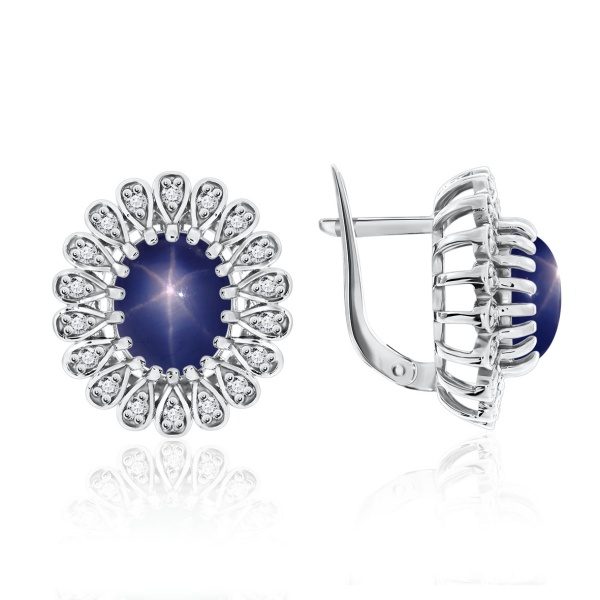 Серьги из серебра с сапфир звездчатыйами и фианитами 2340940251-8 от KRASNOE, металл Серебро, вставка Сапфир Звездчатый