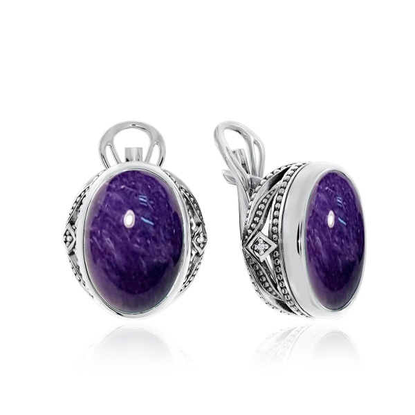 Серьги из серебра с чароитами и фианитами