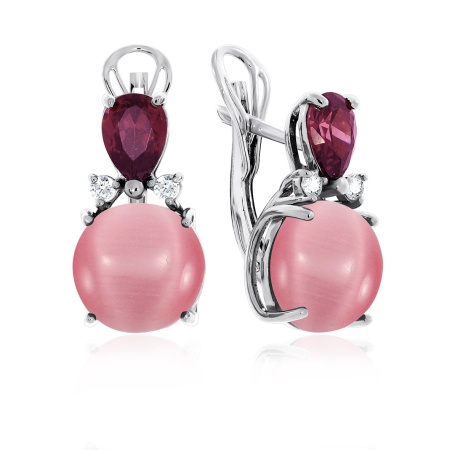 Серьги из серебра с кошачий глазами и фианитами