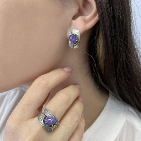 Серьги из серебра с чароитами 2317462394 от KRASNOE, металл Серебро, вставка Чароит