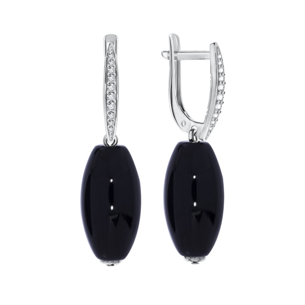 Серьги из серебра с ониксами и фианитами 2340430324л-1 от KRASNOE, металл Серебро, вставка Оникс