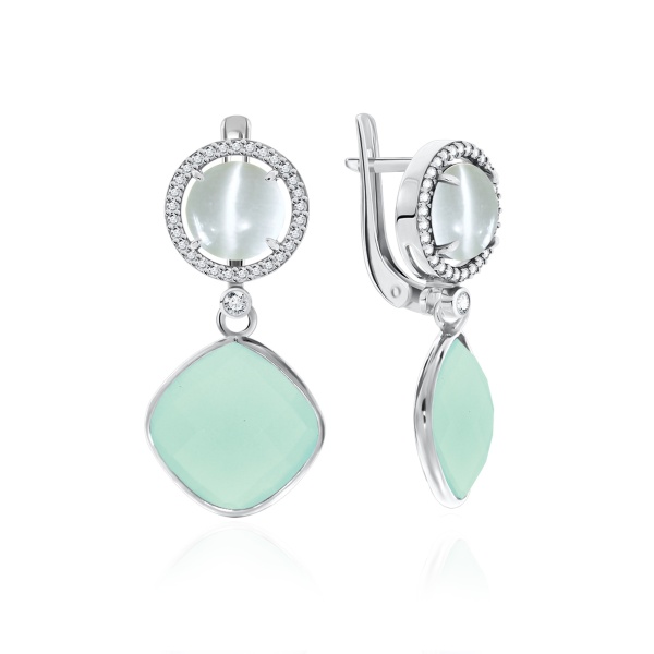 Серьги из серебра с агатами, кошачий глазами и фианитами