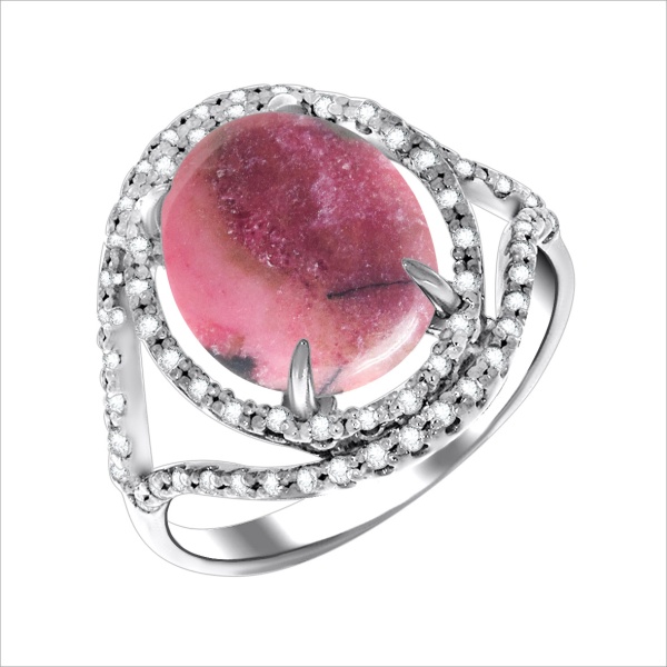 Кольцо из серебра с родонитом и фианитами со скидкой