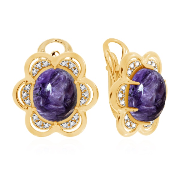 Серьги из серебра с чароитами и фианитами со скидкой