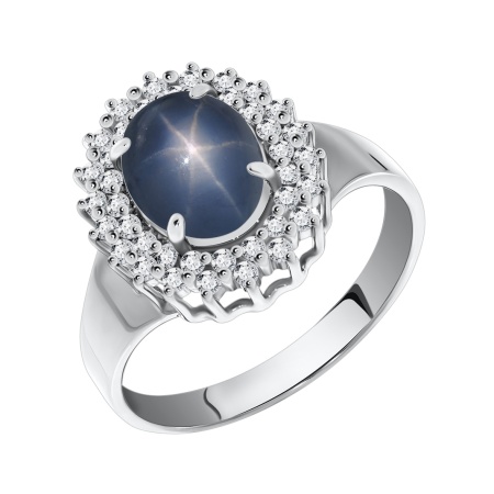Купить кольцо из серебра с сапфир звездчатыйом и фианитами в интернет-магазине KRASNOE