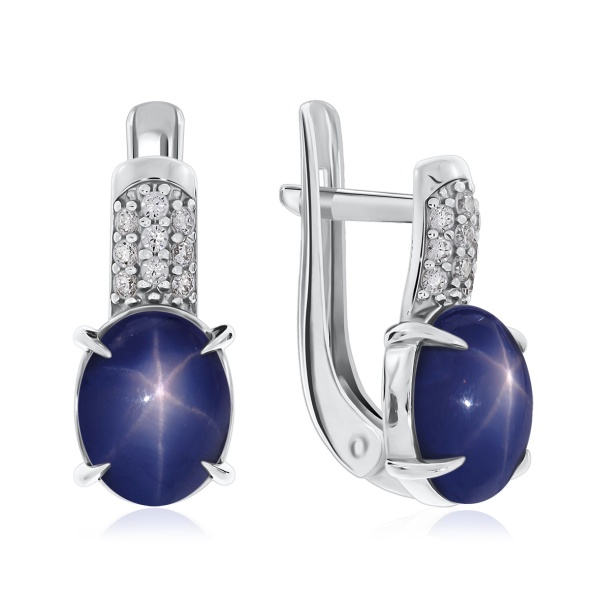 Серьги из серебра с сапфир звездчатыйами и фианитами